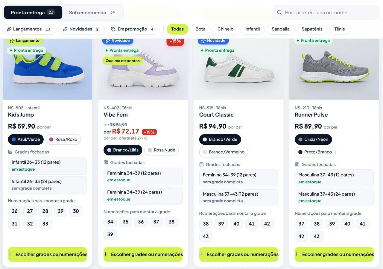 Catálogo de atacado com modelos, grades e selos de pronta entrega